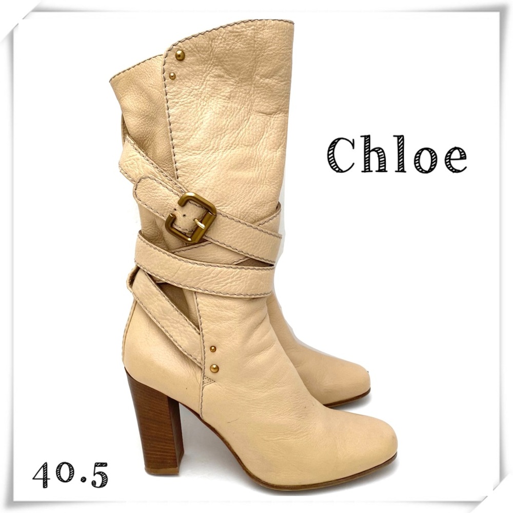 Chloe Paddington Strap Belt Leather Midi Block High Heel Boot in Ivory Size 40.5